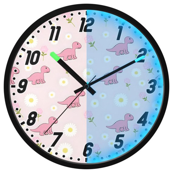 Dailycode Night Light Wall Clock Glow in The Dark 12 inch Battery Operated Silent Luminous Clocks, Cute Little Dinosaur and Flower