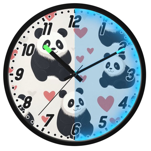 Dailycode Night Light Wall Clock Glow in The Dark 12 inch Battery Operated Silent Luminous Clocks, Cute Pandas and Red Heart
