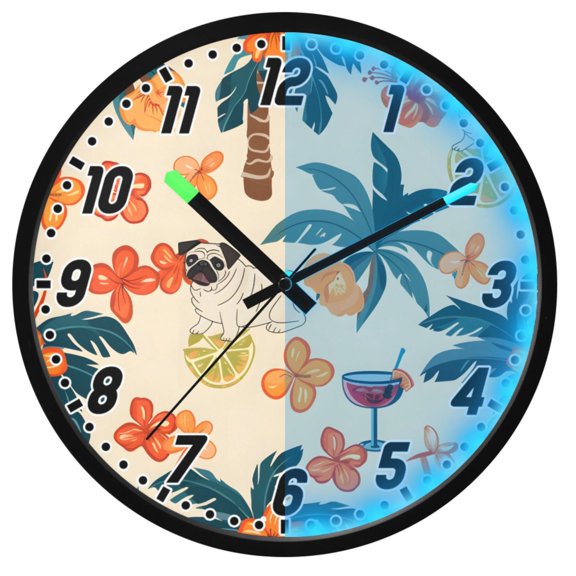 Dailycode Night Light Wall Clock Glow in The Dark 12 inch Battery Operated Silent Luminous Clocks, Cute Pug Dog and Flower
