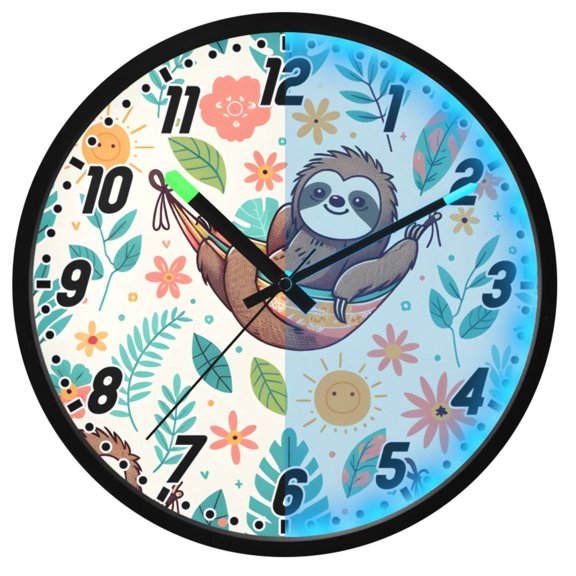 Dailycode Night Light Wall Clock Glow in The Dark 12 inch Battery Operated Silent Luminous Clocks, Cute Sloth on Hammock