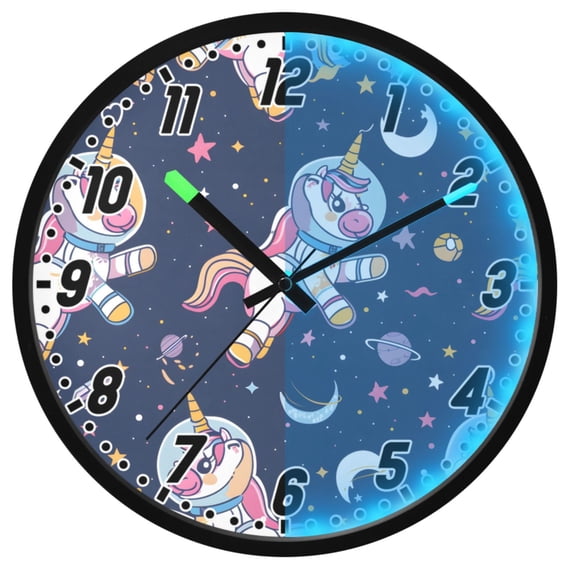 Dailycode Night Light Wall Clock Glow in The Dark 12 inch Battery Operated Silent Luminous Clocks, Cute Unicorn in Space