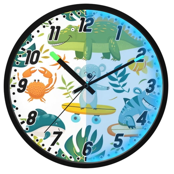 Dailycode Night Light Wall Clock Glow in The Dark 12 inch Battery Operated Silent Luminous Clocks, Dinosaur Crab Fish Dolphin