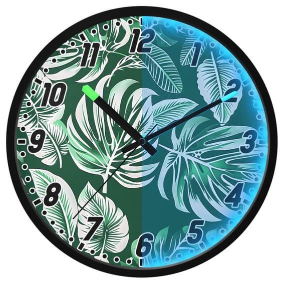 Dailycode Night Light Wall Clock Glow in The Dark 12 inch Battery Operated Silent Luminous Clocks, Emerald White Tropical Leaves