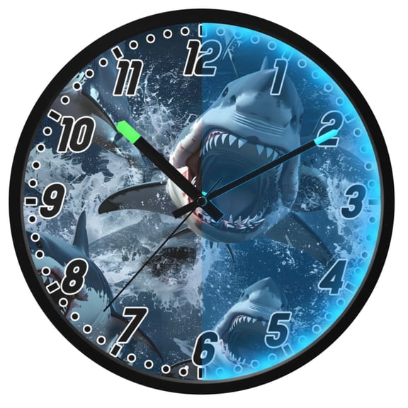 Dailycode Night Light Wall Clock Glow in The Dark 12 inch Battery Operated Silent Luminous Clocks, Fierce Sharks on Sea