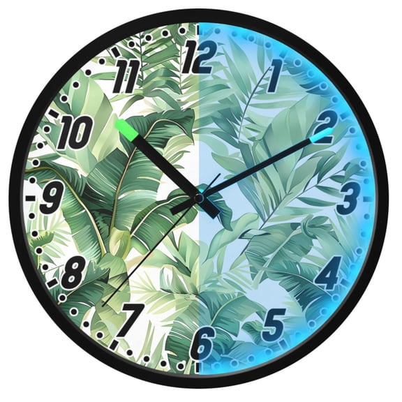 Dailycode Night Light Wall Clock Glow in The Dark 12 inch Battery Operated Silent Luminous Clocks, Fresh Green Palm Leaves