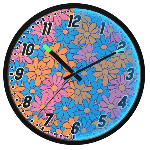 Dailycode Night Light Wall Clock Glow in The Dark 12 inch Battery Operated Silent Luminous Clocks, Groovy Floral Retro Daisies