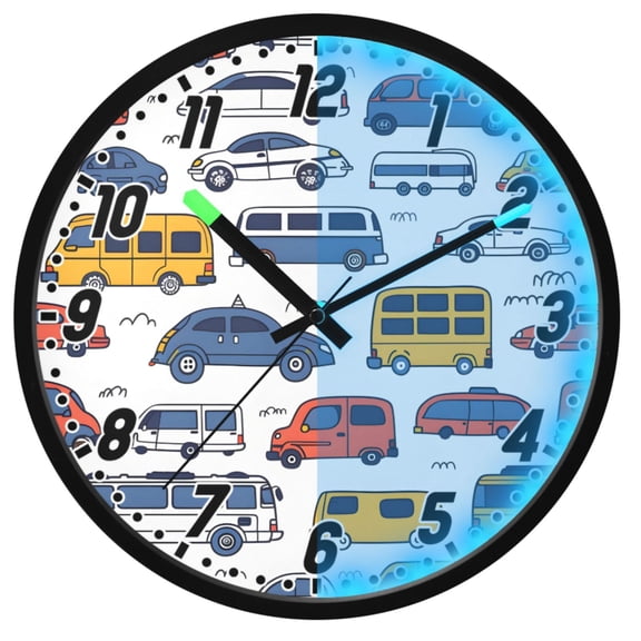 Dailycode Night Light Wall Clock Glow in The Dark 12 inch Battery Operated Silent Luminous Clocks, Hand Drawing Vehicles