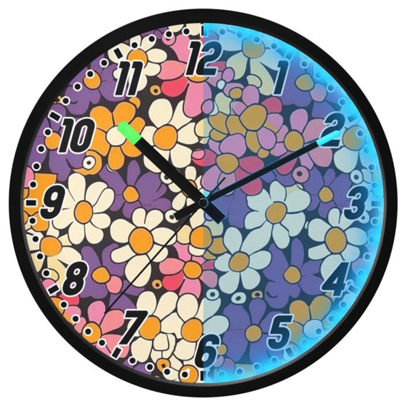 Dailycode Night Light Wall Clock Glow in The Dark 12 inch Battery Operated Silent Luminous Clocks, Hand Drawn Colorful Daisies