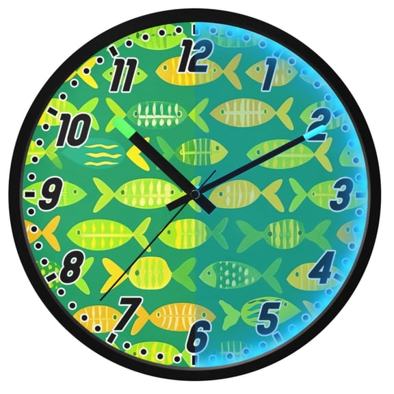 Dailycode Night Light Wall Clock Glow in The Dark 12 inch Battery Operated Silent Luminous Clocks, Hand Drawn Fishes