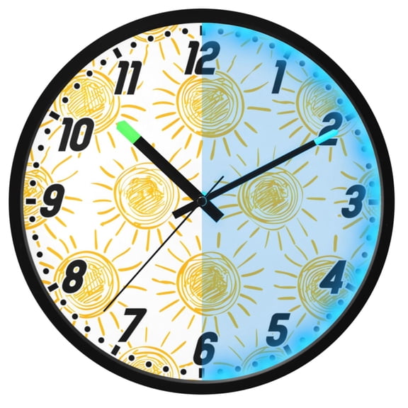 Dailycode Night Light Wall Clock Glow in The Dark 12 inch Battery Operated Silent Luminous Clocks, Hand-draw Sun