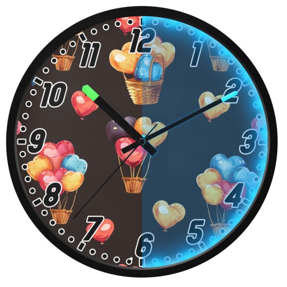 Dailycode Night Light Wall Clock Glow in The Dark 12 inch Battery Operated Silent Luminous Clocks, Heart Balloon with Basket