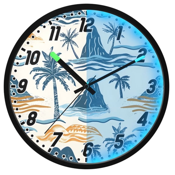 Dailycode Night Light Wall Clock Glow in The Dark 12 inch Battery Operated Silent Luminous Clocks, Island Trees Mountain