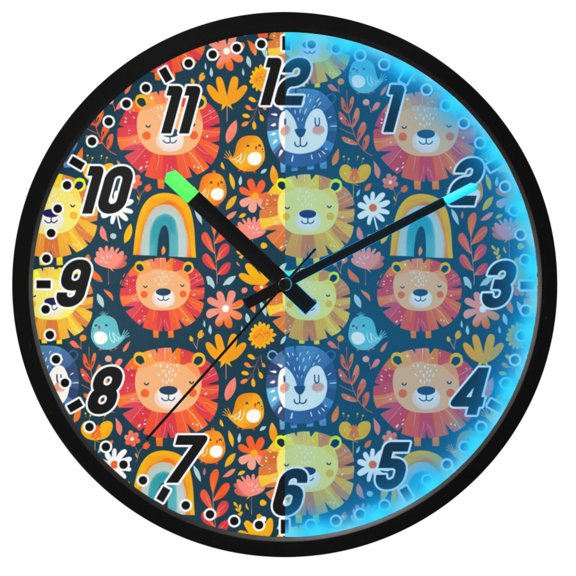 Dailycode Night Light Wall Clock Glow in The Dark 12 inch Battery Operated Silent Luminous Clocks, Lion Face Bird Rainbow