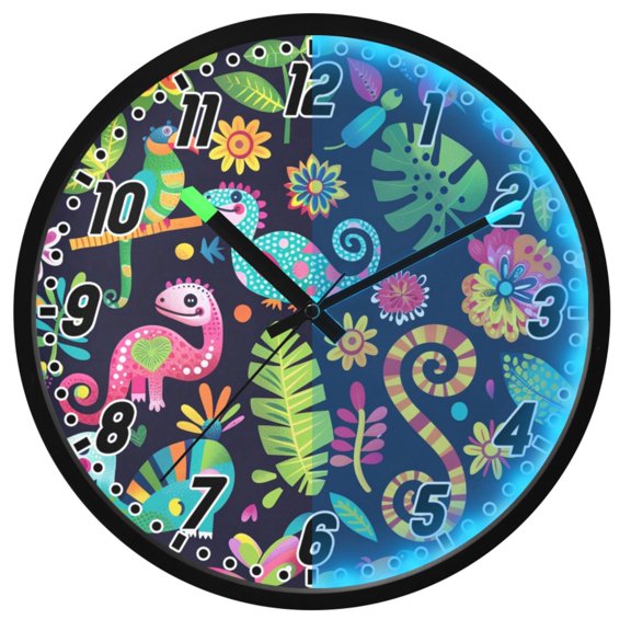 Dailycode Night Light Wall Clock Glow in The Dark 12 inch Battery Operated Silent Luminous Clocks, Lizard and Leaf