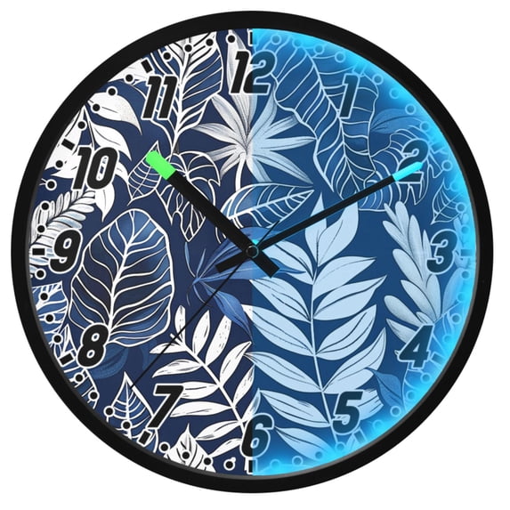 Dailycode Night Light Wall Clock Glow in The Dark 12 inch Battery Operated Silent Luminous Clocks, Midnight Blue White Foliage