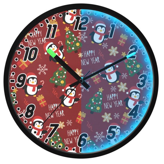 Dailycode Night Light Wall Clock Glow in The Dark 12 inch Battery Operated Silent Luminous Clocks, Penguin Christmas Tree