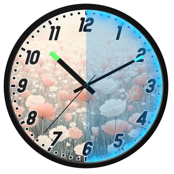 Dailycode Night Light Wall Clock Glow in The Dark 12 inch Battery Operated Silent Luminous Clocks, Pink and White Flowers Field
