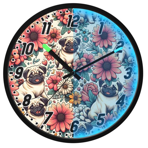 Dailycode Night Light Wall Clock Glow in The Dark 12 inch Battery Operated Silent Luminous Clocks, Pugs Dog and Flowers