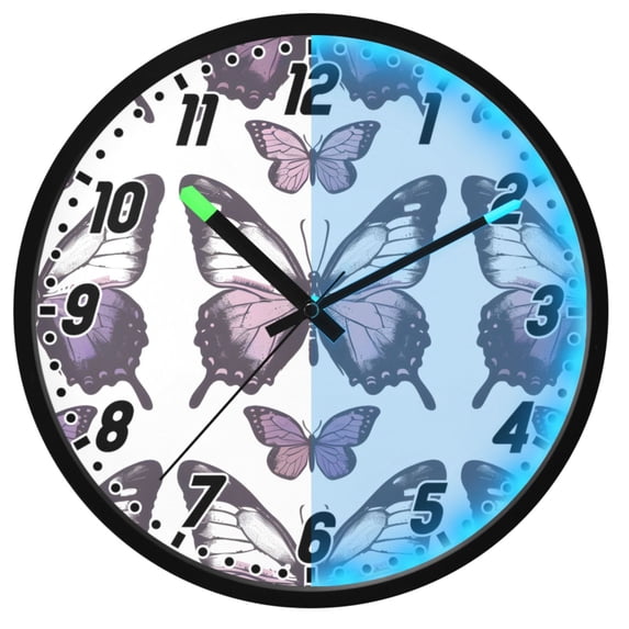 Dailycode Night Light Wall Clock Glow in The Dark 12 inch Battery Operated Silent Luminous Clocks, Purple and White Butterflies