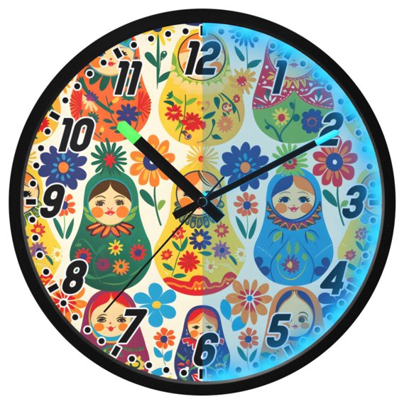 Dailycode Night Light Wall Clock Glow in The Dark 12 inch Battery Operated Silent Luminous Clocks, Russian Matryoshka
