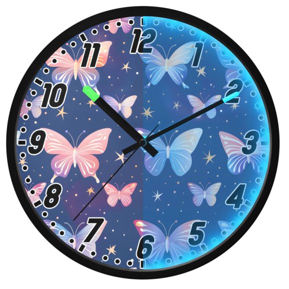 Dailycode Night Light Wall Clock Glow in The Dark 12 inch Battery Operated Silent Luminous Clocks, Shining Butterflies and Star