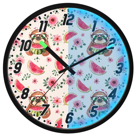 Dailycode Night Light Wall Clock Glow in The Dark 12 inch Battery Operated Silent Luminous Clocks, Sloth and Watermelon