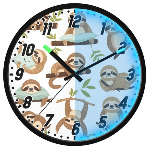 Dailycode Night Light Wall Clock Glow in The Dark 12 inch Battery Operated Silent Luminous Clocks, Sloths with Branch and Leaf
