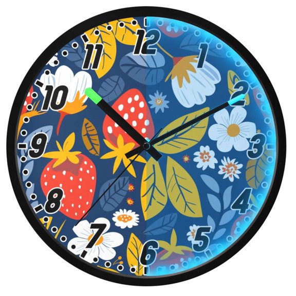 Dailycode Night Light Wall Clock Glow in The Dark 12 inch Battery Operated Silent Luminous Clocks, Strawberries Flowers Leaf