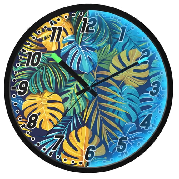 Dailycode Night Light Wall Clock Glow in The Dark 12 inch Battery Operated Silent Luminous Clocks, Tropical Blue Yellow Leaves