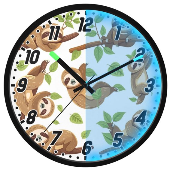 Dailycode Night Light Wall Clock Glow in The Dark 12 inch Battery Operated Silent Luminous Clocks, Various Pose Sloths