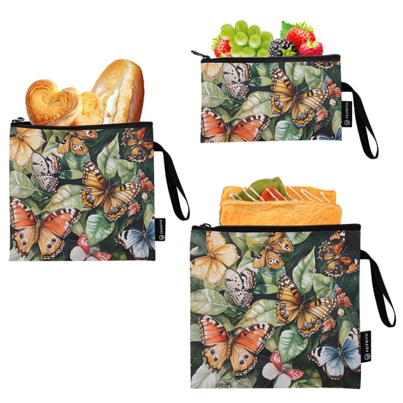 Dailycode Reusable Ziploc Bags Leakproof Sandwich Snack Freezer Bags Butterfly on Leaves 3 pack