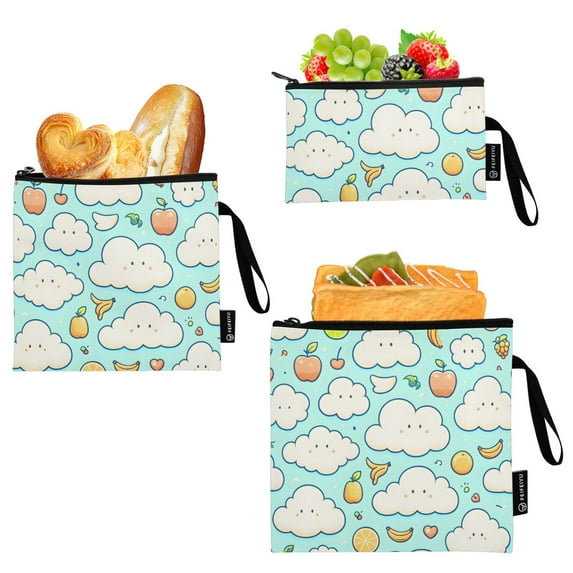 Dailycode Reusable Ziploc Bags Leakproof Sandwich Snack Freezer Bags Cartoon Clouds Fruits 3 pack