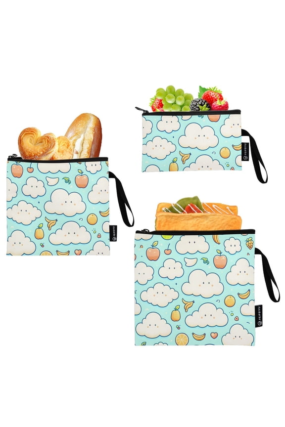 Reusable Ziploc Bags Leakproof Sandwich Snack Freezer Bags Cartoon Clouds Fruits 3 pack