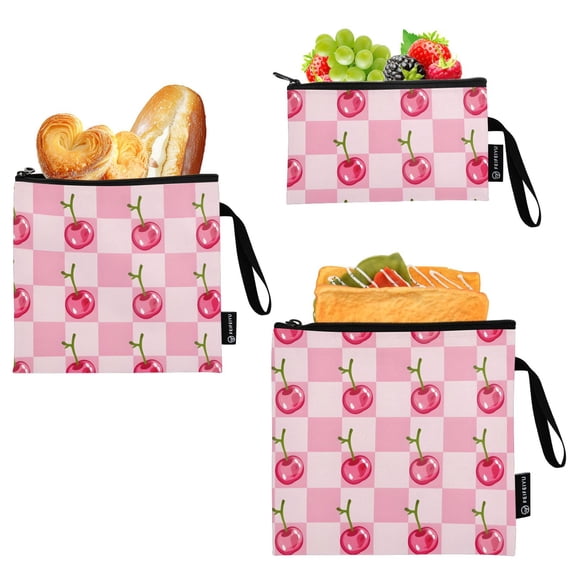 Dailycode Reusable Ziploc Bags Leakproof Sandwich Snack Freezer Bags Cherry on Gingham Check 3 pack