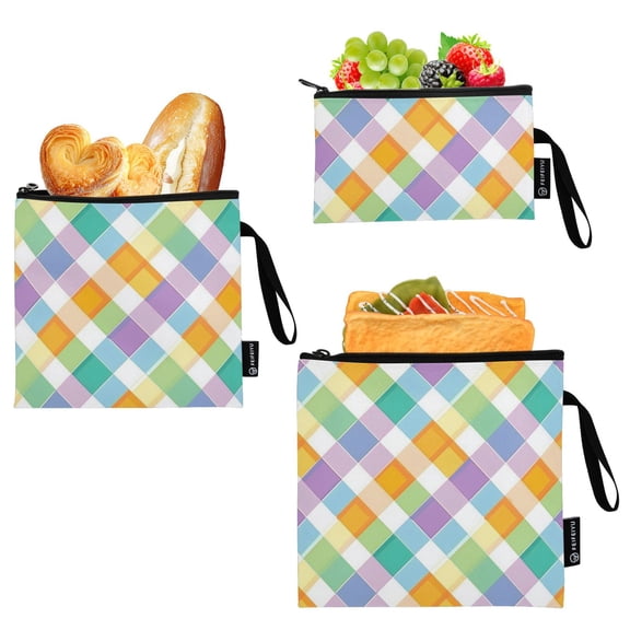 Dailycode Reusable Ziploc Bags Leakproof Sandwich Snack Freezer Bags Colorful Checkered Squares 3 pack