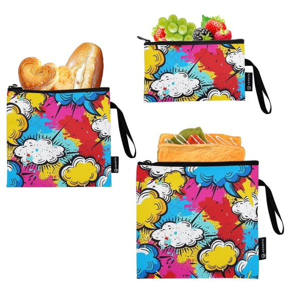 Dailycode Reusable Ziploc Bags Leakproof Sandwich Snack Freezer Bags Colorful Clouds Graffiti 3 pack