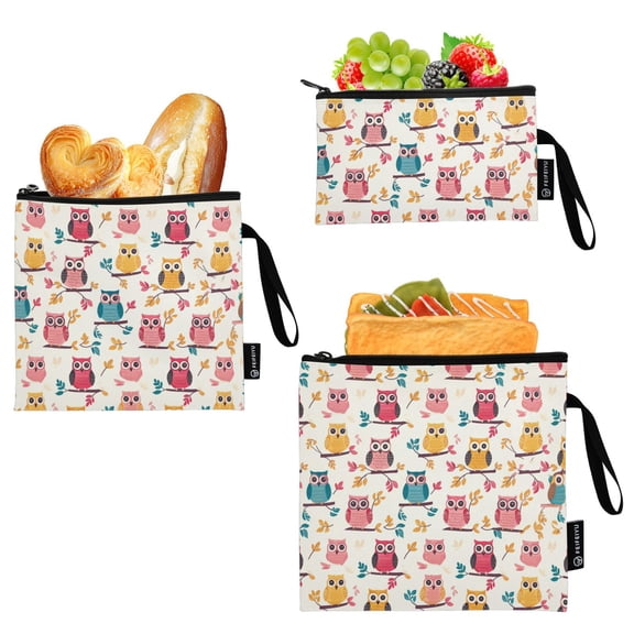 Dailycode Reusable Ziploc Bags Leakproof Sandwich Snack Freezer Bags Colorful Owls on Branch 3 pack