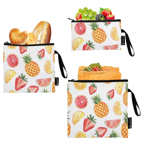 Dailycode Reusable Ziploc Bags Leakproof Sandwich Snack Freezer Bags Colorful Pineapple Grapefruit Strawberry 3 pack