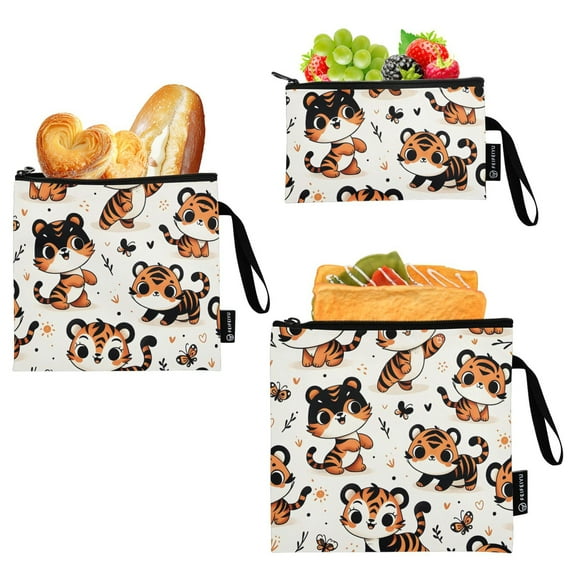 Dailycode Reusable Ziploc Bags Leakproof Sandwich Snack Freezer Bags Cute Cartoon Tiger 3 pack