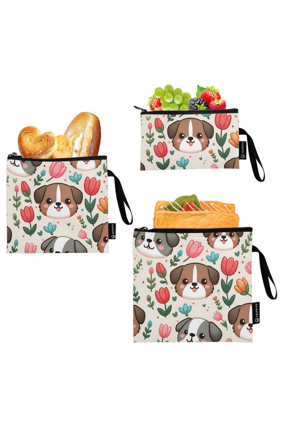 Reusable Ziploc Bags Leakproof Sandwich Snack Freezer Bags Cute Dog Head and Flower 3 pack