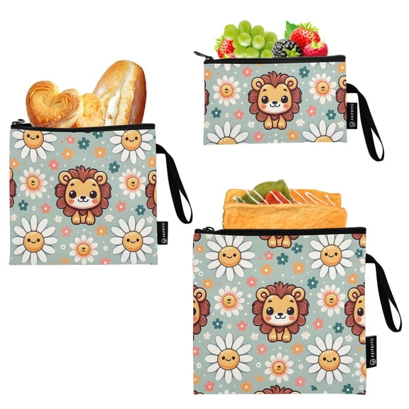 Dailycode Reusable Ziploc Bags Leakproof Sandwich Snack Freezer Bags Cute Lion Face and Daisy 3 pack