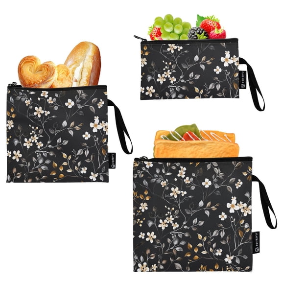 Dailycode Reusable Ziploc Bags Leakproof Sandwich Snack Freezer Bags Dark Floral and Botanical Flower 3 pack