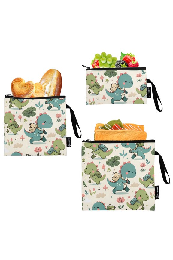 Reusable Ziploc Bags Leakproof Sandwich Snack Freezer Bags Dinosaur with Backpack 3 pack
