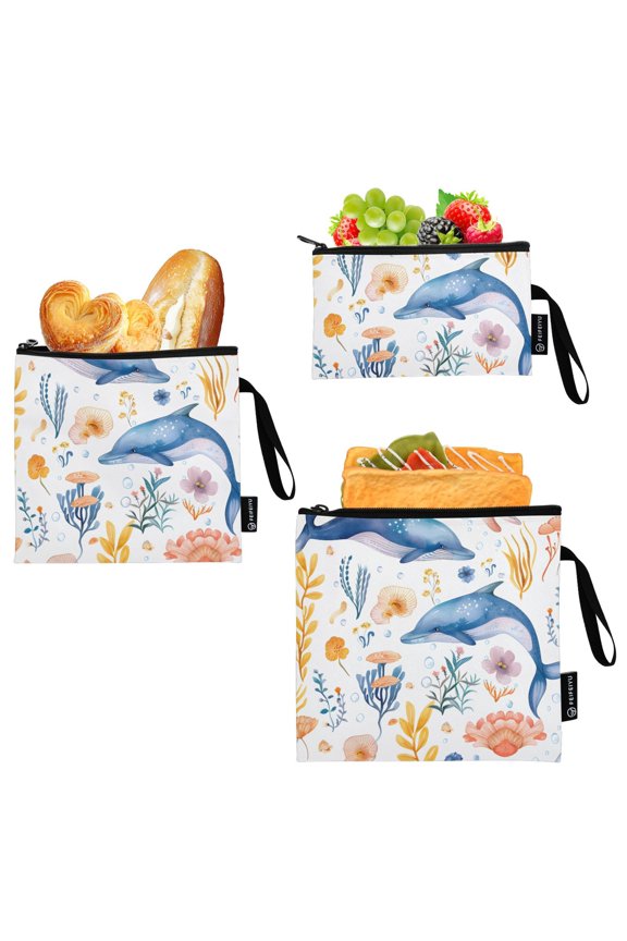 Reusable Ziploc Bags Leakproof Sandwich Snack Freezer Bags Dolphins and Flowers 3 pack