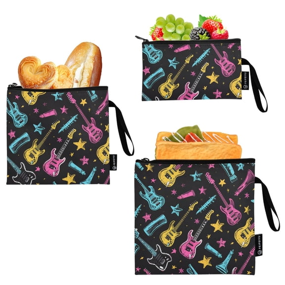 Dailycode Reusable Ziploc Bags Leakproof Sandwich Snack Freezer Bags Neon Guitar Star 3 pack
