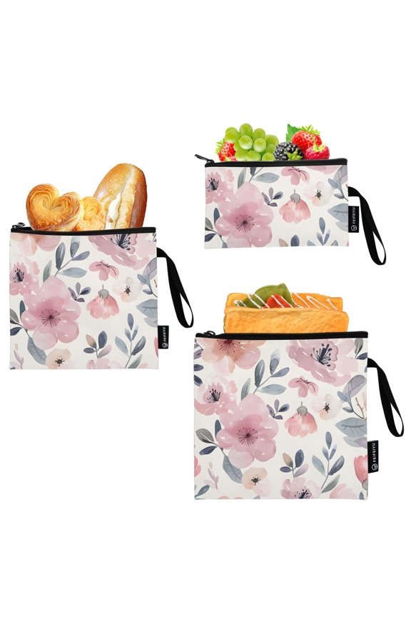 Reusable Ziploc Bags Leakproof Sandwich Snack Freezer Bags Pale Watercolor Flower 3 pack