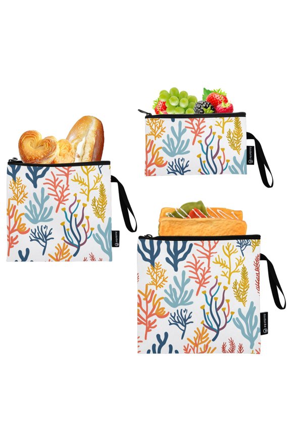 Reusable Ziploc Bags Leakproof Sandwich Snack Freezer Bags Sea Corals and Seaweed 3 pack