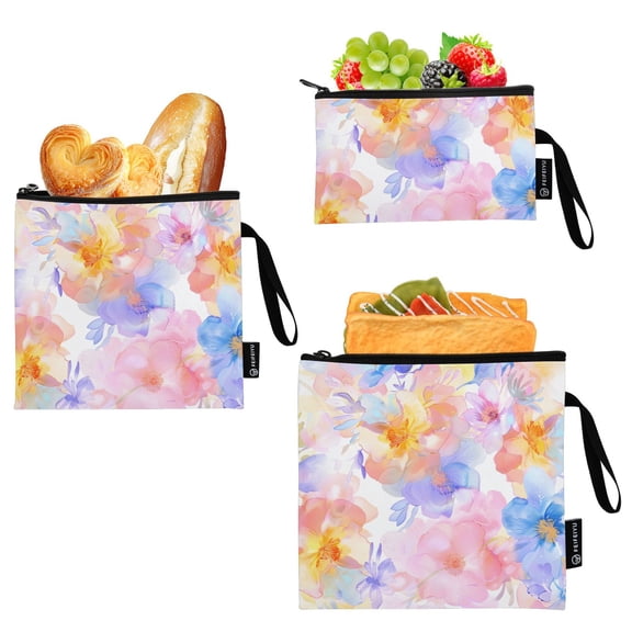 Dailycode Reusable Ziploc Bags Leakproof Sandwich Snack Freezer Bags Soft Watercolor Flower 3 pack