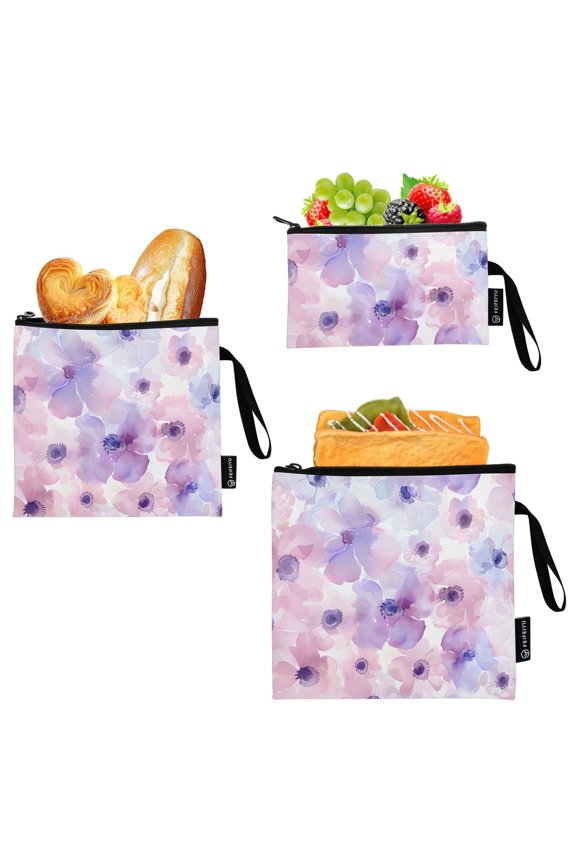 Reusable Ziploc Bags Leakproof Sandwich Snack Freezer Bags Sweet Watercolor Flower 3 pack