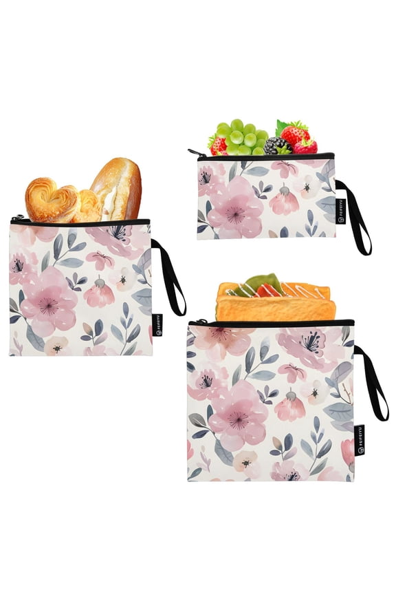 Reusable Ziploc Bags Leakproof Sandwich Snack Freezer Bags Watercolor Sweet Flower 3 pack